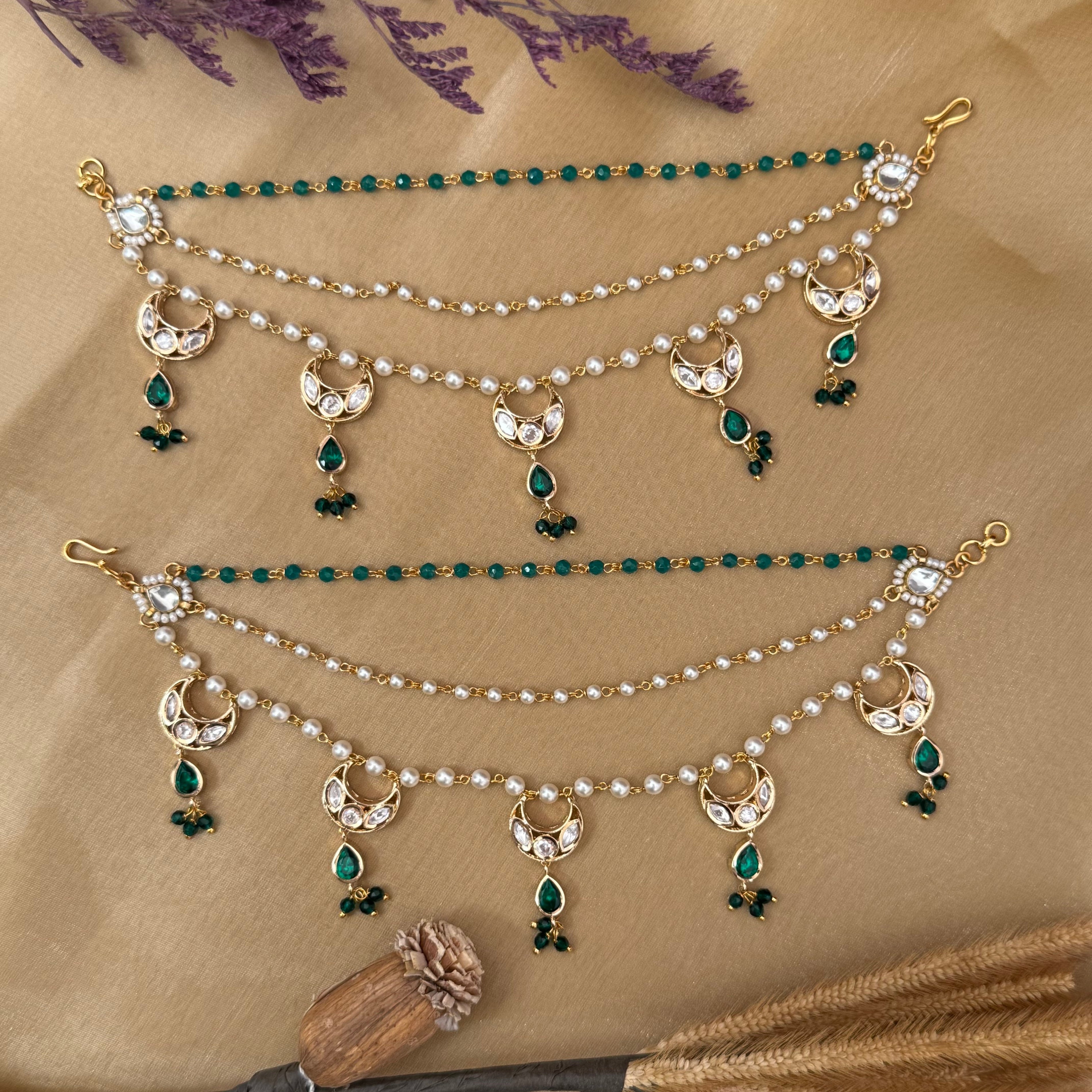green kundan earchain