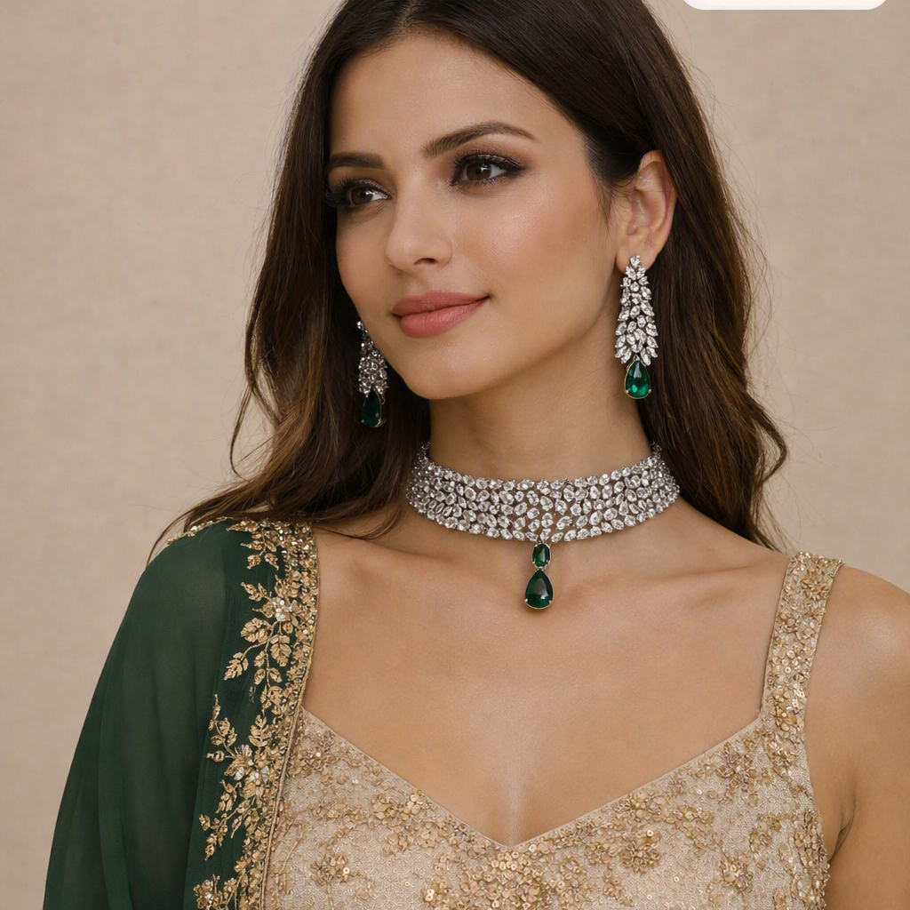 Green diamond choker necklace set