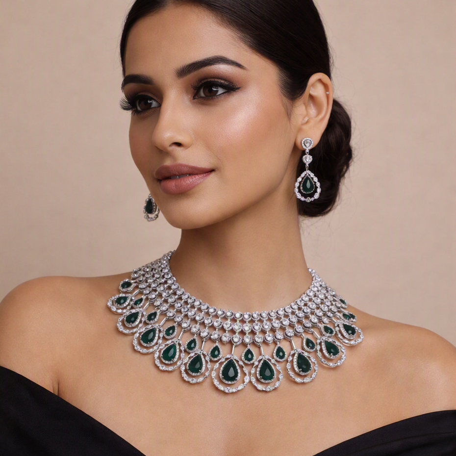 American Diamond Emerald Green Necklase Set