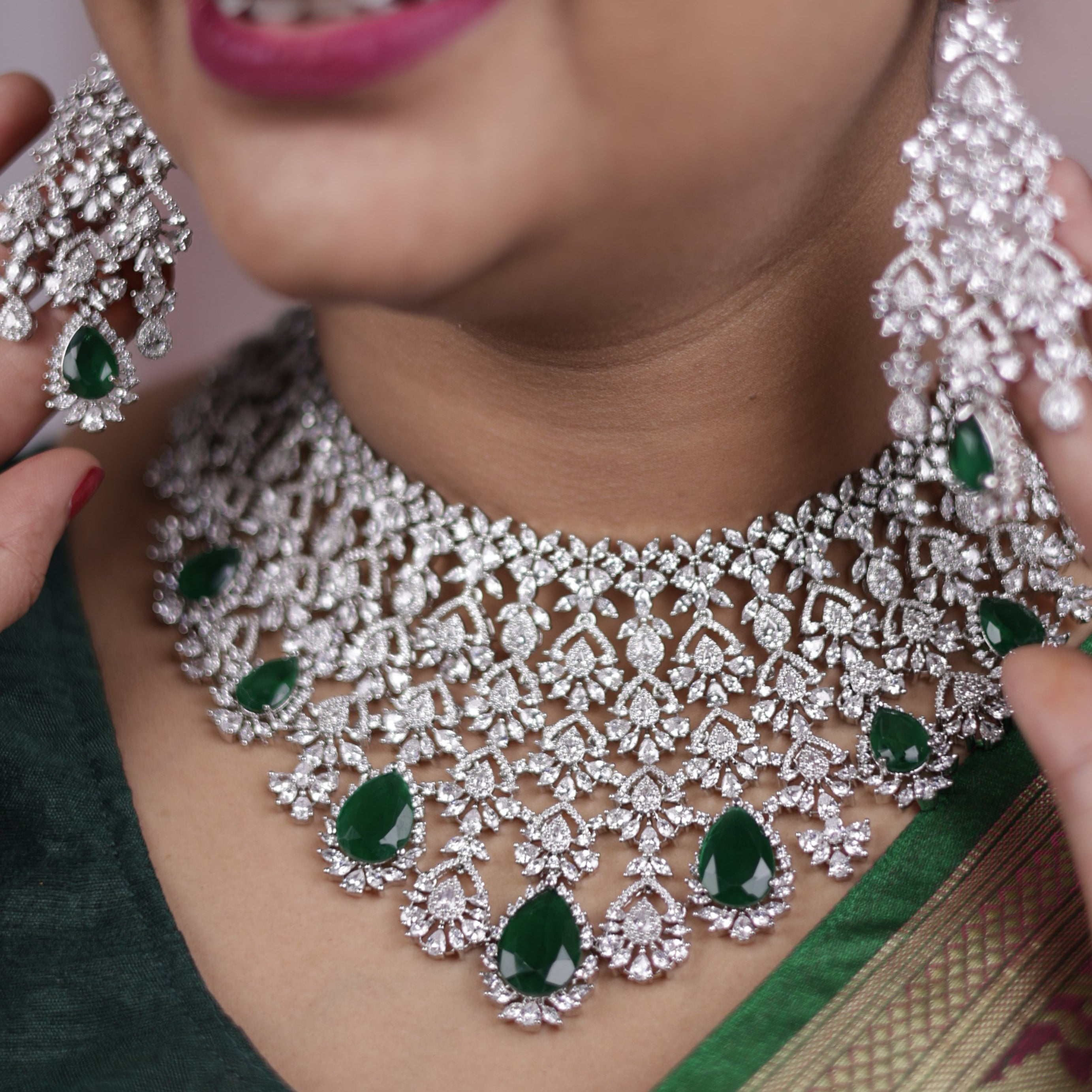 american diamond green necklace set