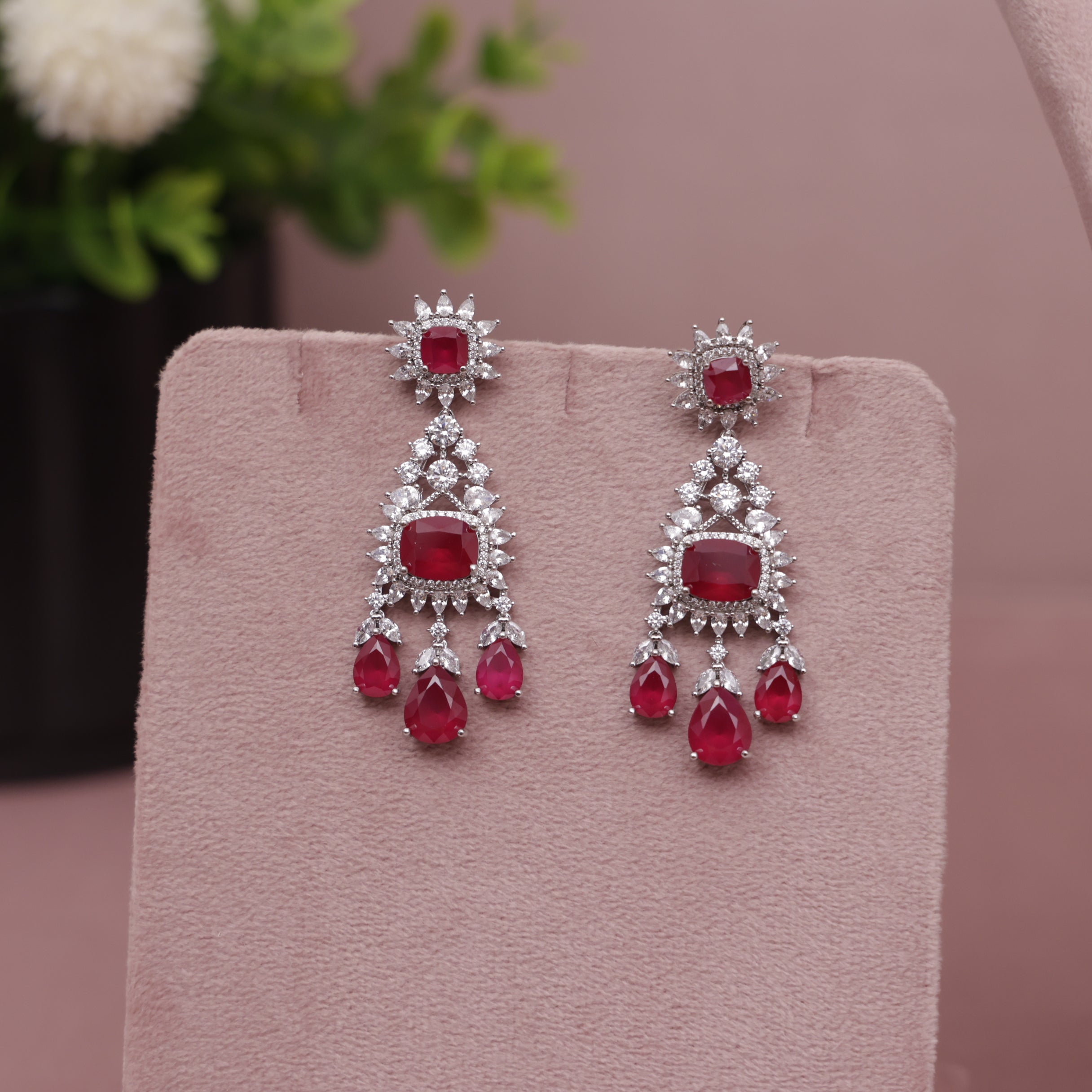 American Diamond Ruby Pink Necklase Set