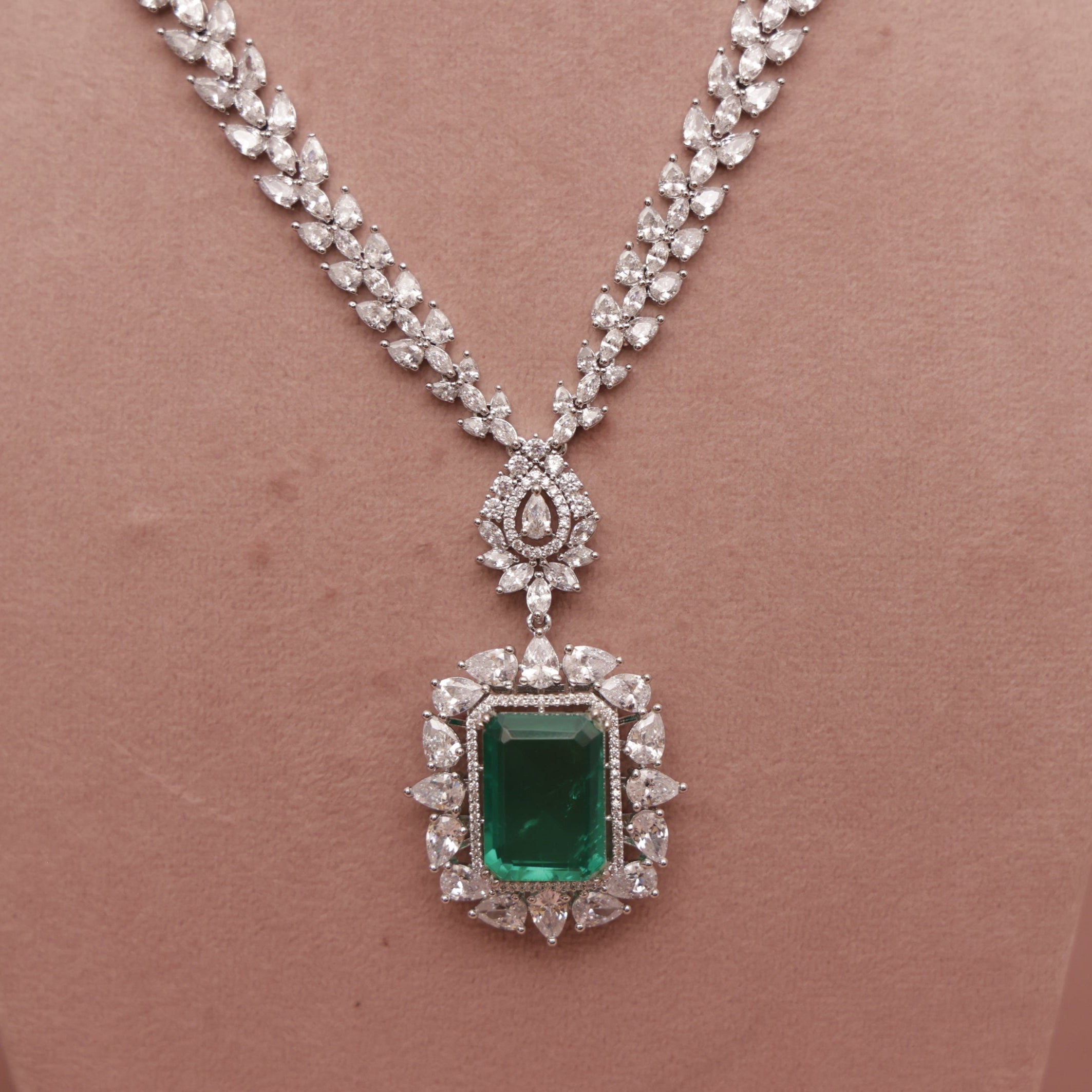 CZ Diamond Emerald Green Necklace
