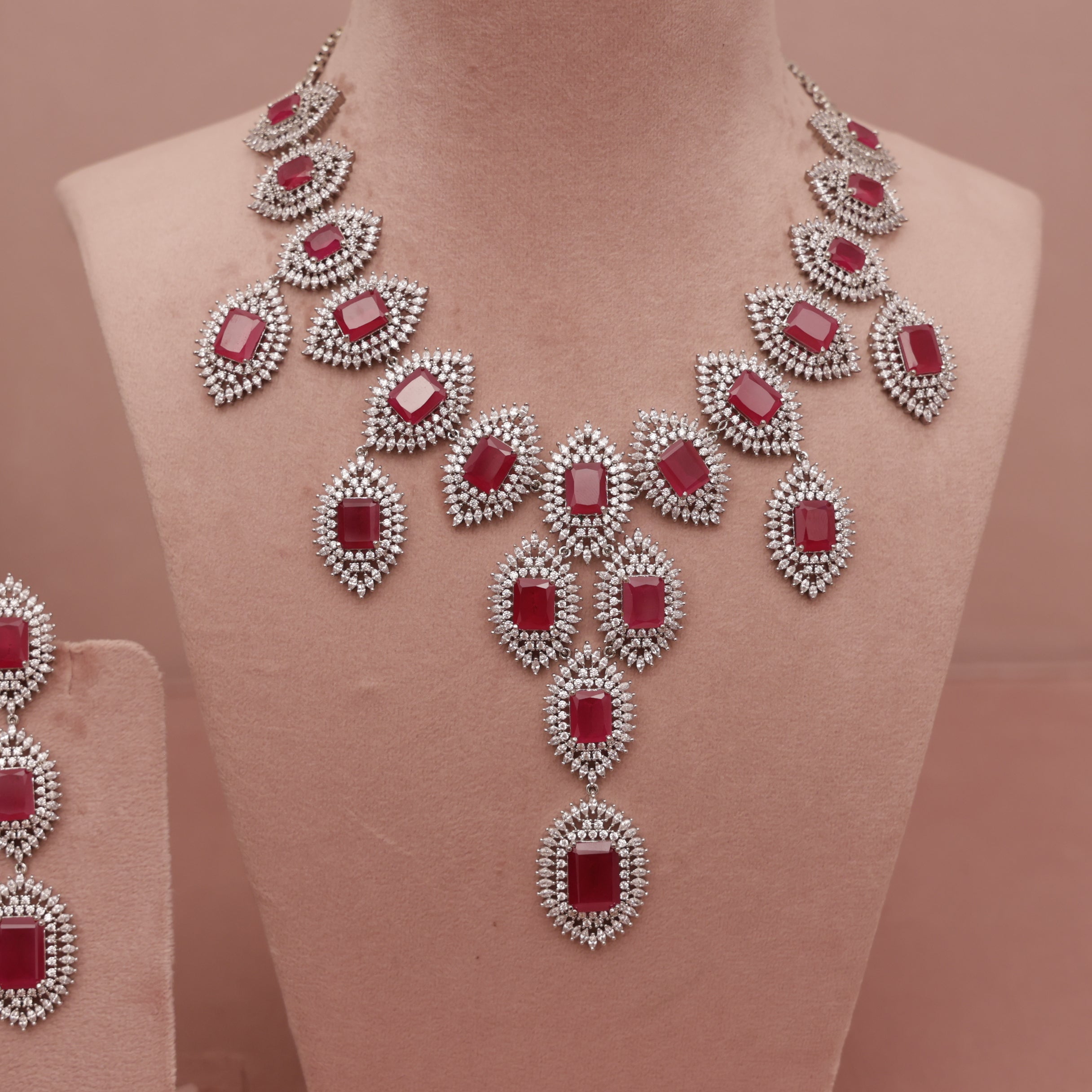 American Diamond Ruby Red Necklase Set