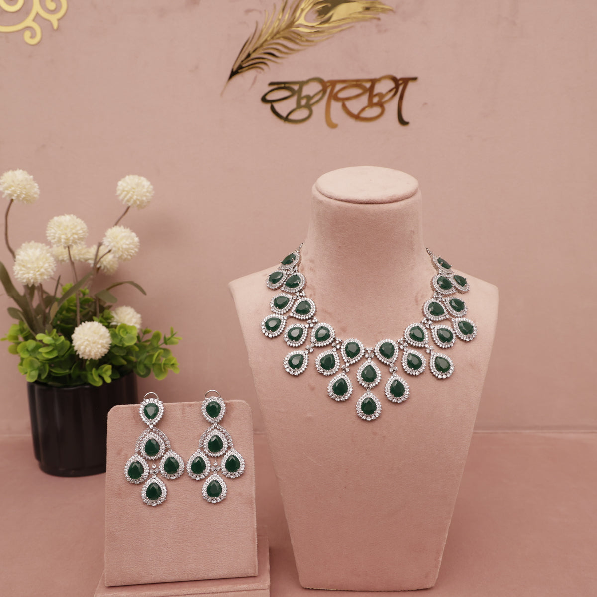 American Diamond Emerald Green Necklase Set