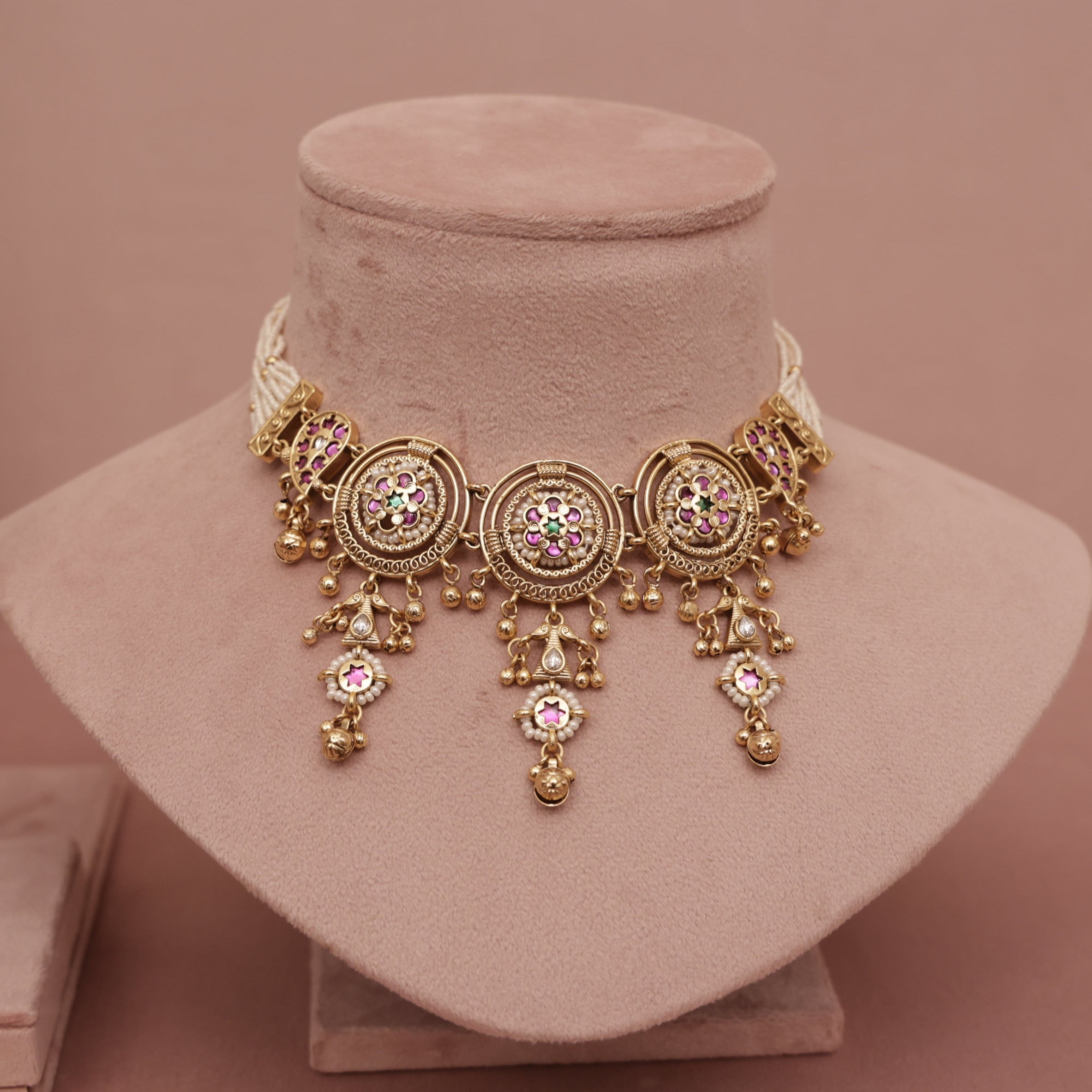 Gold necklace with pink  stone