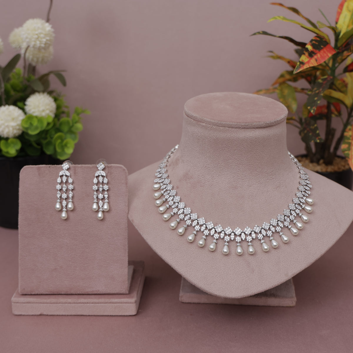 American Diamond Modern Pearl Necklase Set
