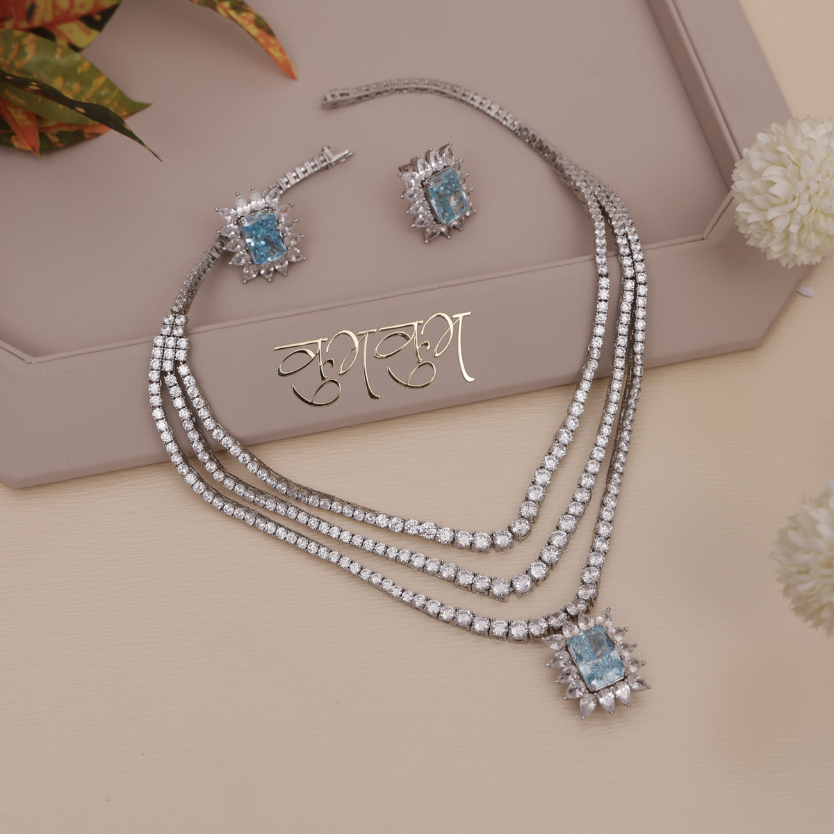 American Diamond Sapphire Drop Necklase Set