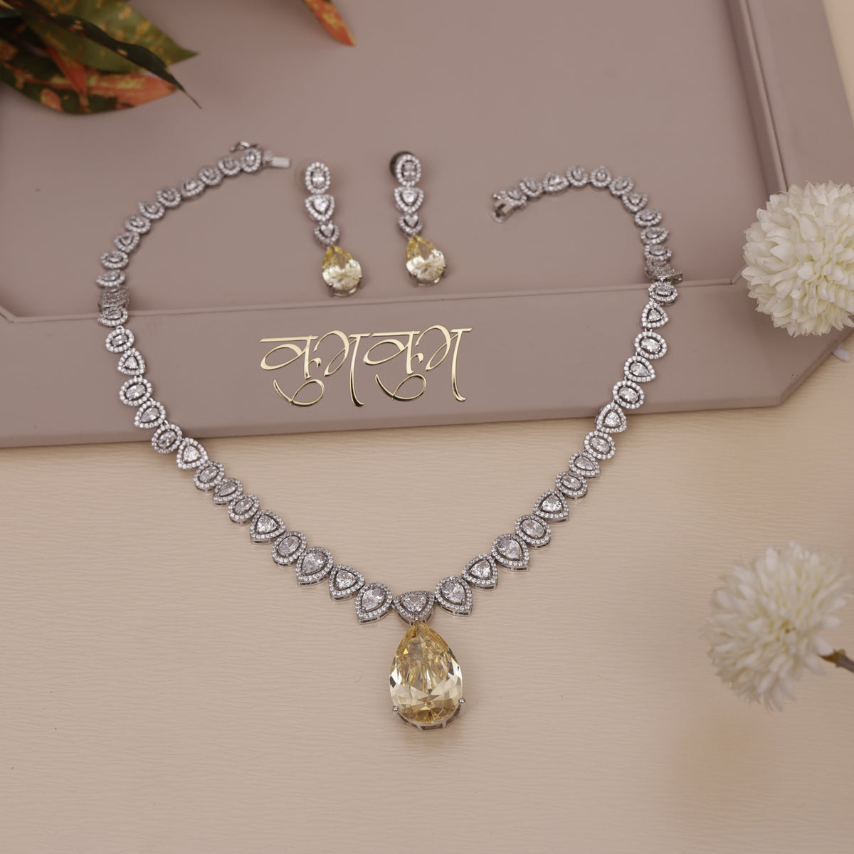 American Diamond Yellow Sapphire Drop Necklase Set