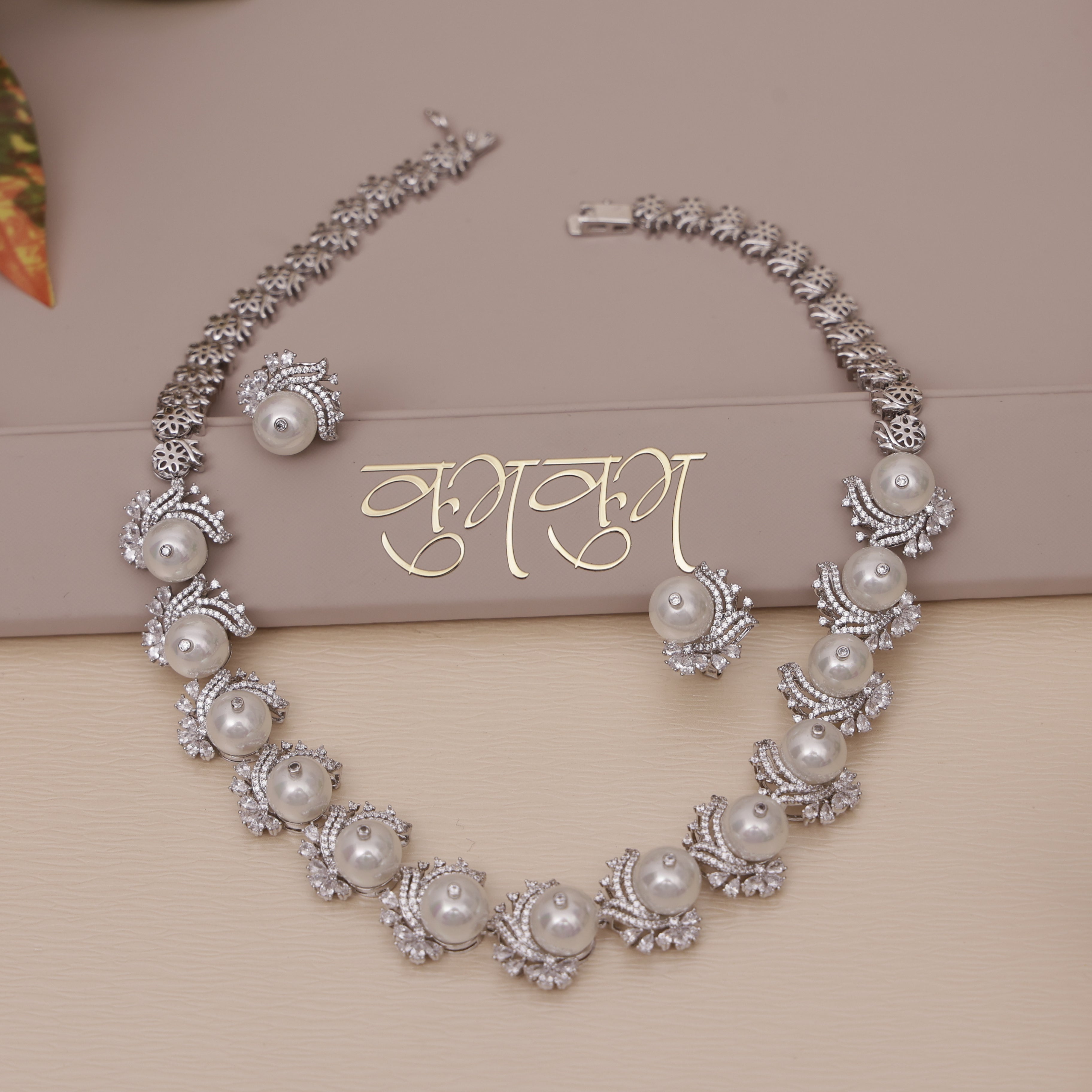american diamond pearl necklace set solitaire 