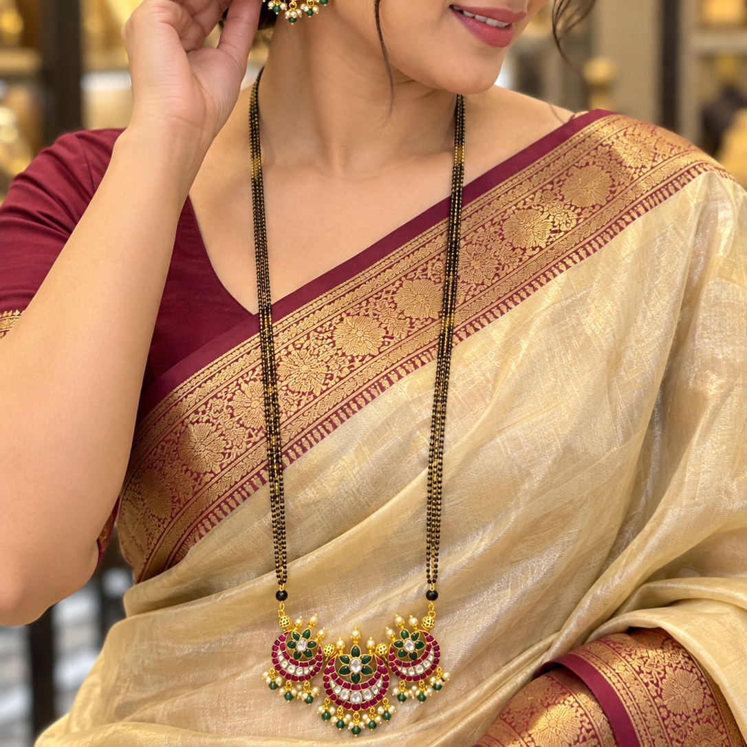 Pachhi Kundan With Cylinder Mala36 Inch Long Mangalsutra