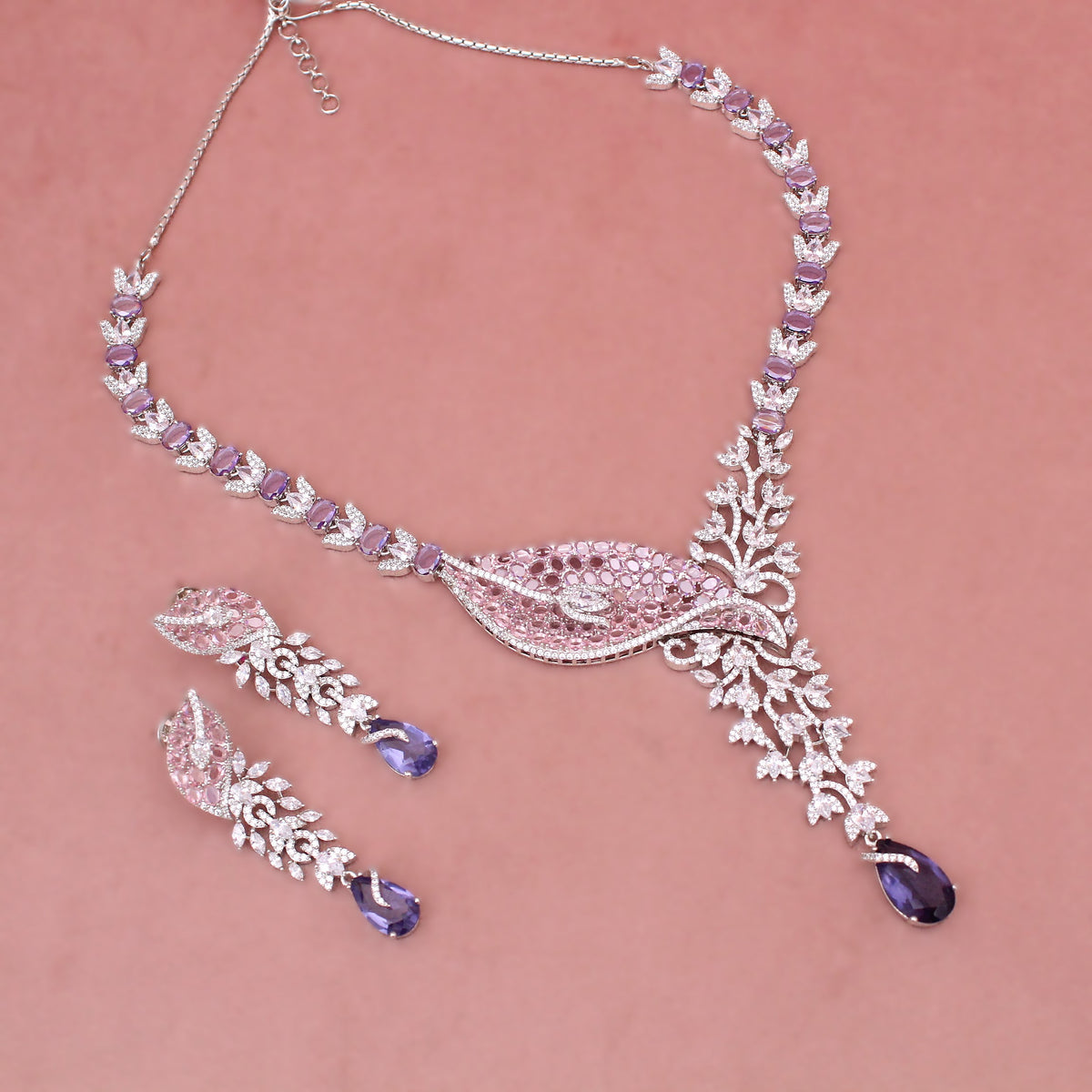 American Diamond Amethyst Purple Pink Necklase Set