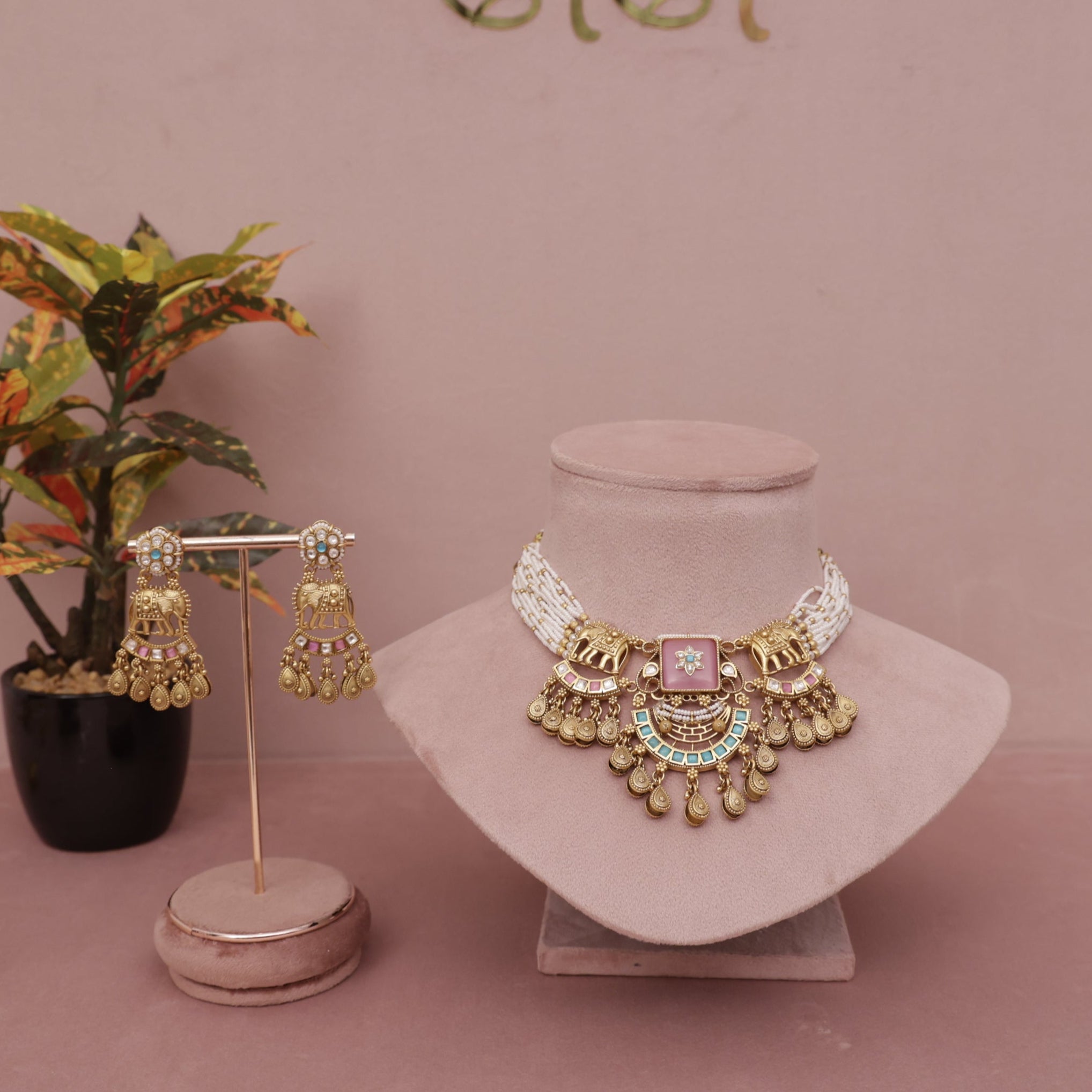 Jewelry set  necklace and earrings for saree pink And turquoise firozi