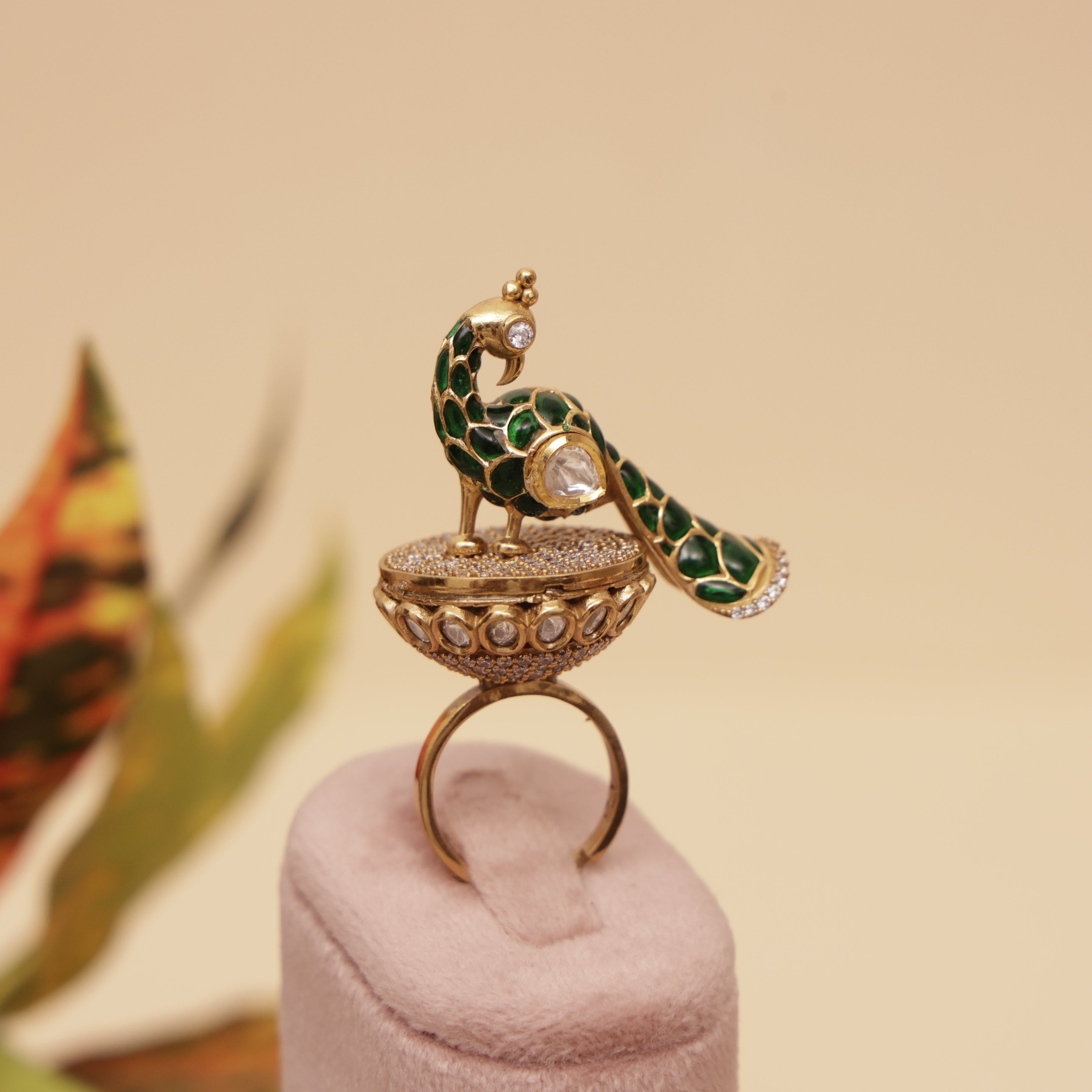 kundan finger ring , peacock finger ring