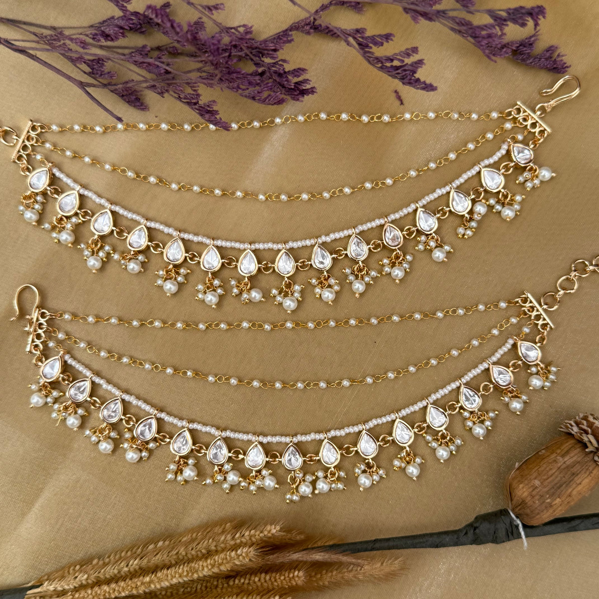 kundan ear chain moti ear chain